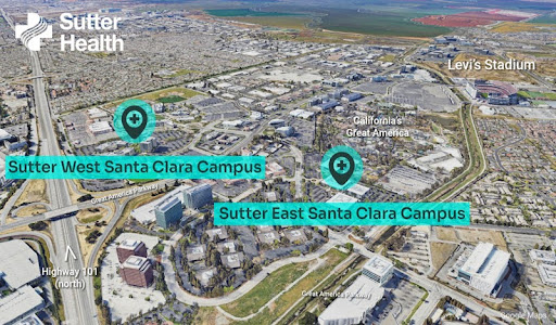 Sky view of Sutter Health West Santa Clara and East Santa Clara campuses